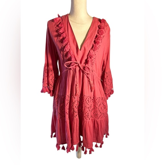 Sundance Renata Pink Beach Boho Tassel Eyelet Tiered Ruffle Sleeve Dress - Picture 4 of 13
